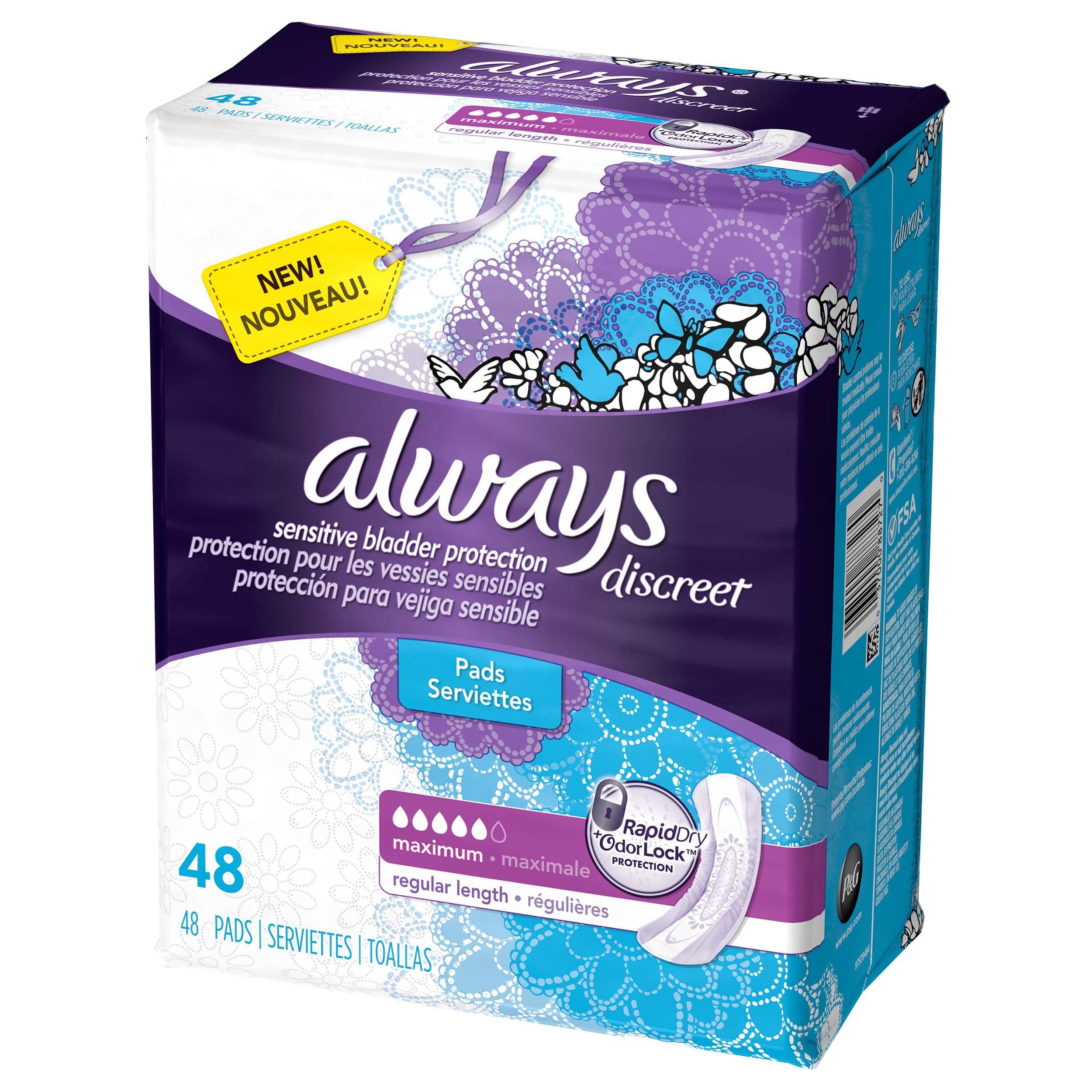 Always Discreet Incontinence Pads for Women, Heavy Absorbency, 144 ...