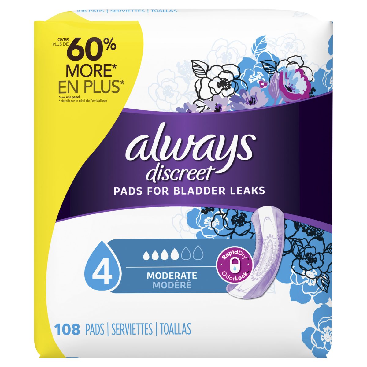Always Discreet Incontinence Pads for Women, Moderate Absorbency, 108 ...