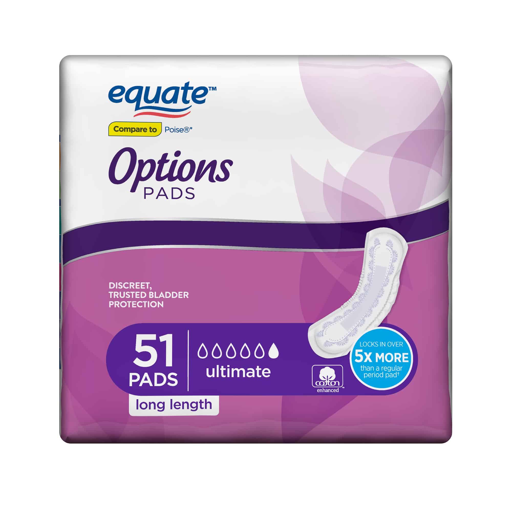Equate Options Incontinence Pads for Women, Ultimate, Long, 51 Count ...