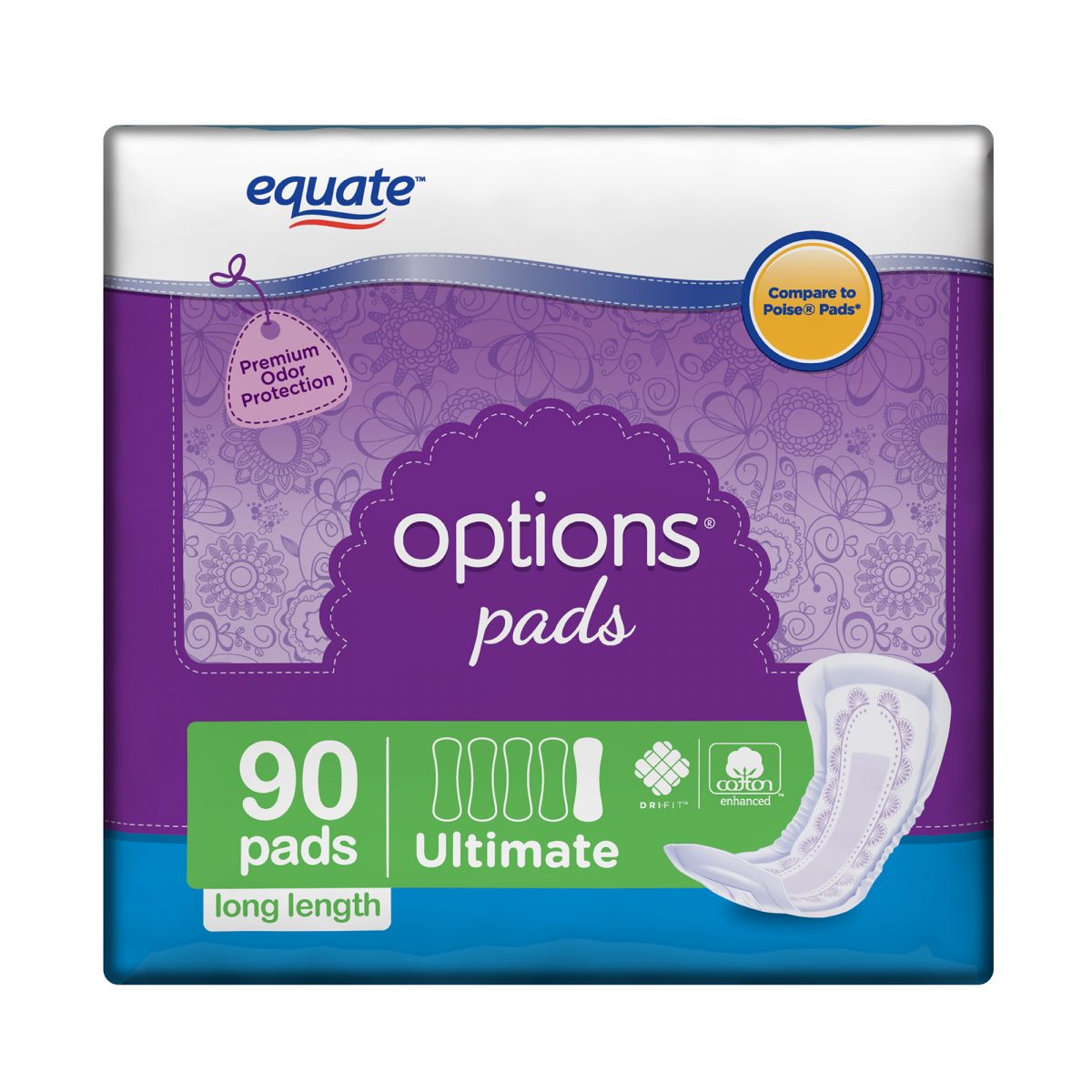 Equate Options Incontinence Pads for Women, Ultimate, Long, 90 Count ...