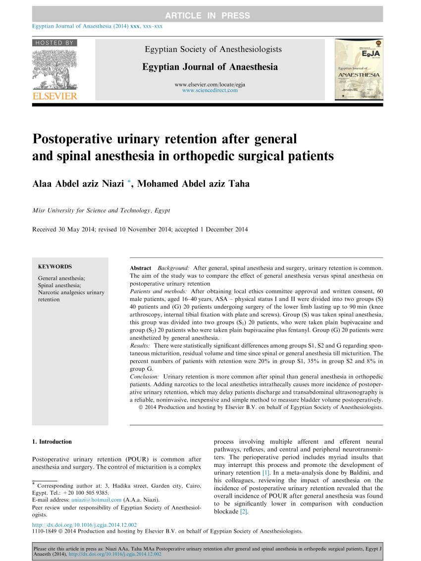 (PDF) Postoperative urinary retention after general and spinal ...