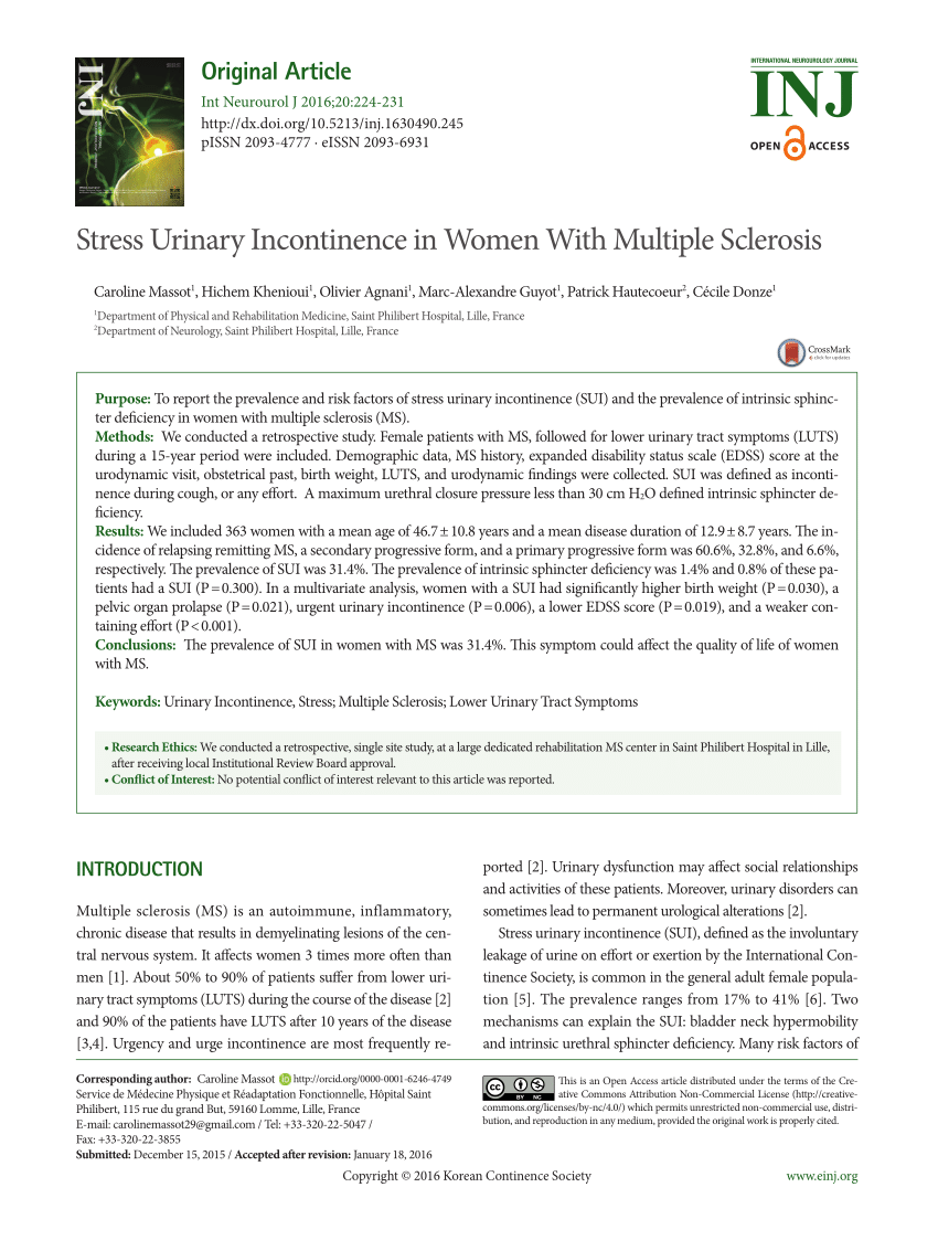 (PDF) Stress Urinary Incontinence in Women With Multiple Sclerosis